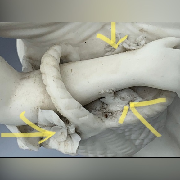 JW754 13.5” tall Antique Bisque Porcelain Girl holding Basket Statue Marked - Picture 6 of 12